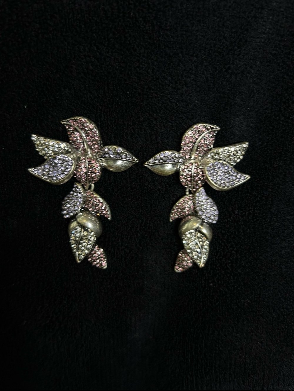 WHBM Pavé Rhinestone Statement Earrings Purple Lavender Silver 3D Flowers